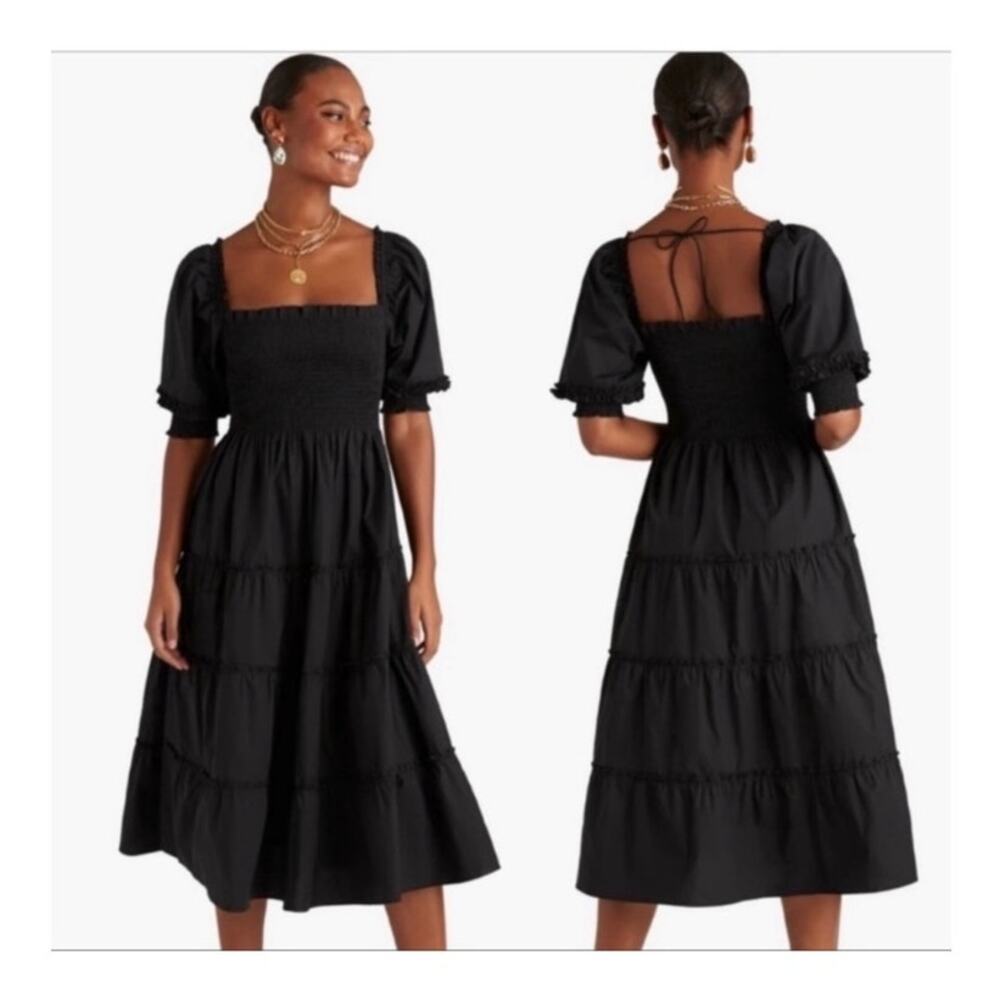 HILL HOUSE Nesli Nap Dress | Smocked Black Tiered Midi XS